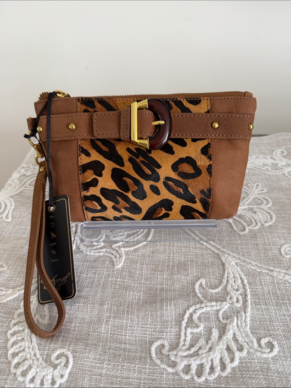 Sharif Legacy Haircalf Animal Print and Nubuck Leather Mini Wristlet